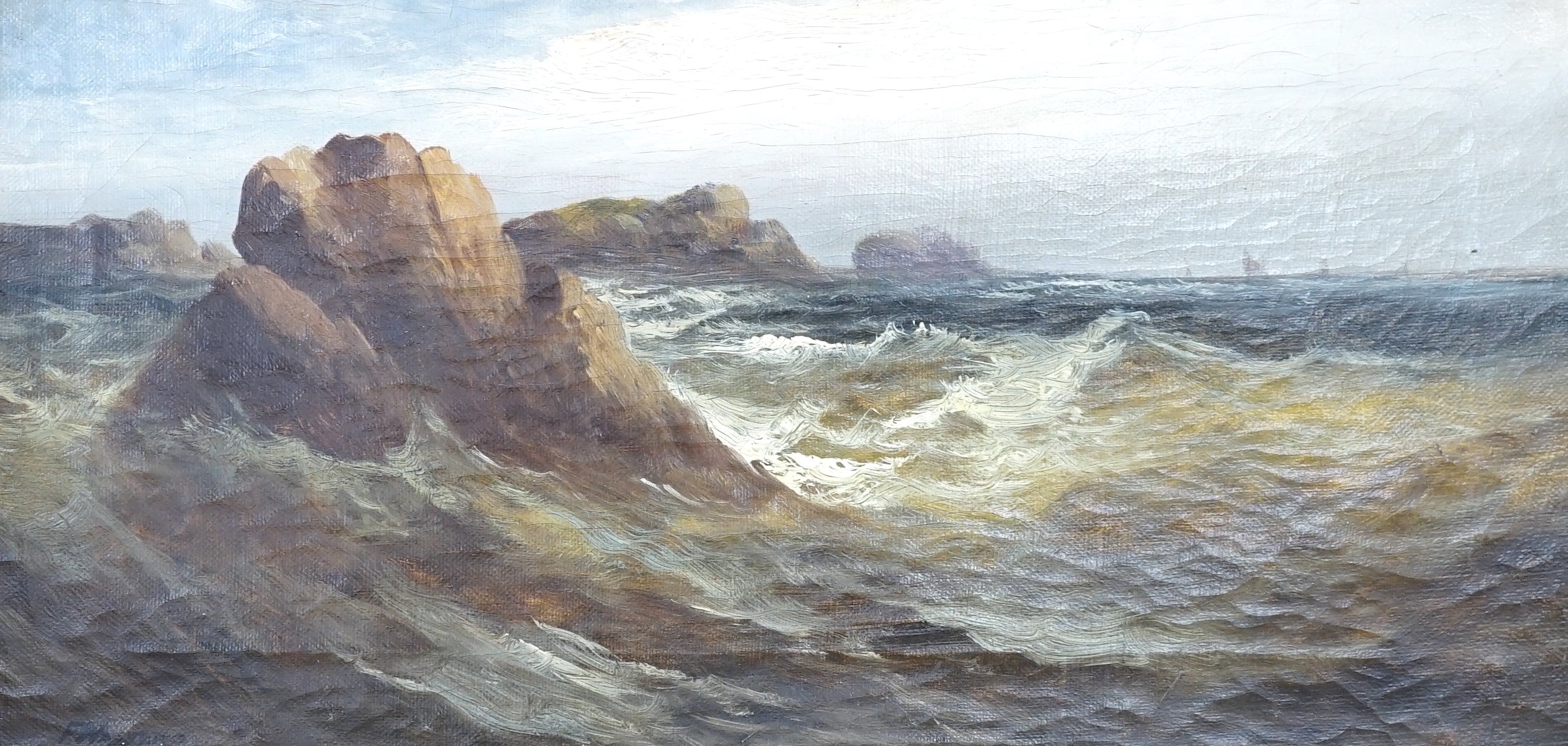F. Walters, oil on canvas, Seascape, signed, 20 x 40cm, a watercolour of fisherfolk on the shore by H. Walter, 21 x 27cm, an Italian lake scene and an aquatint beach scene